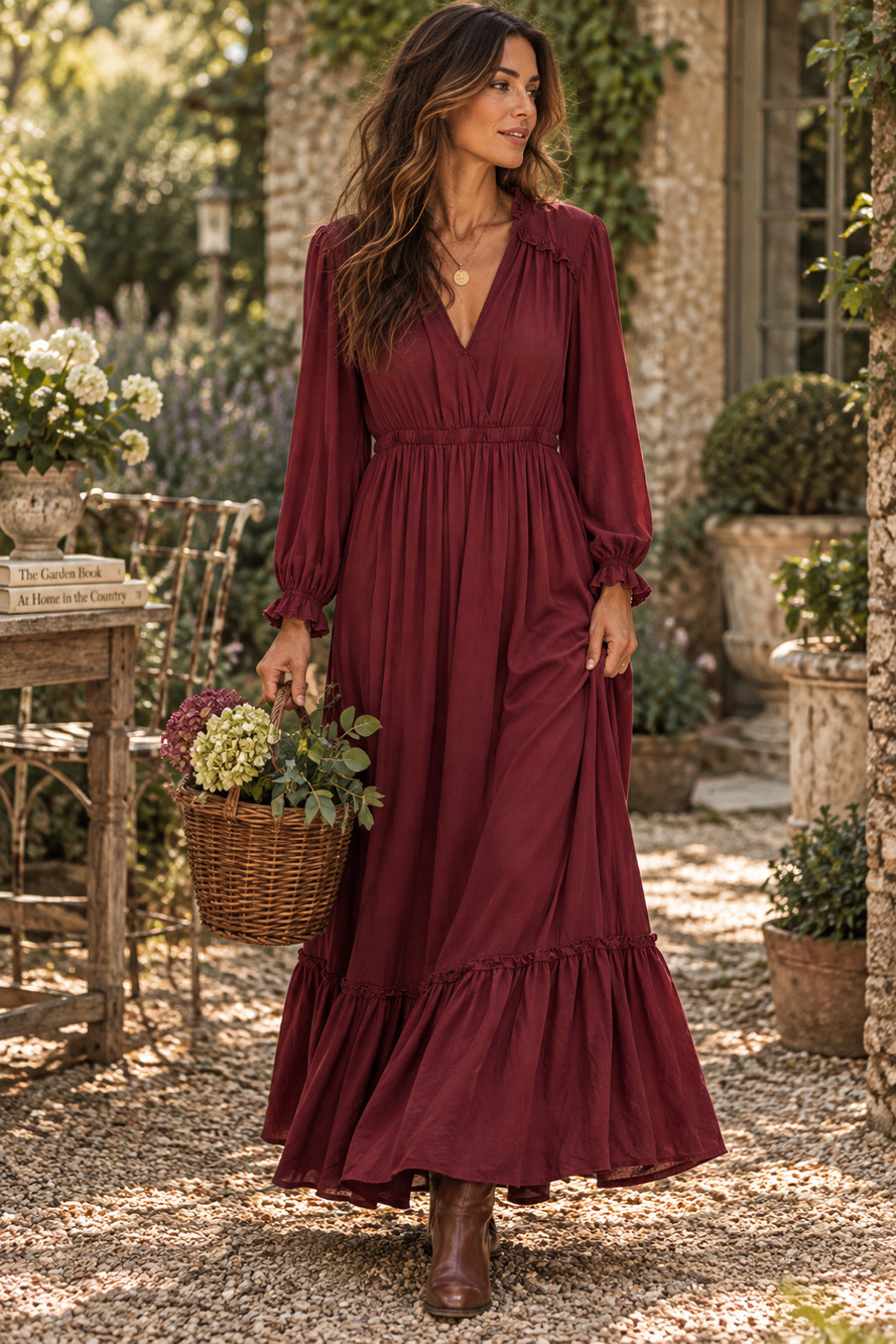 Boden Sz 10 Wine Burgundy Ruffle Peasant Maxi Dress Tencel Cottagecore Farmhouse